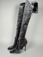 Load image into Gallery viewer, Saint Laurent Crushed Velvet Thigh High Boots Size 37EU Gray
