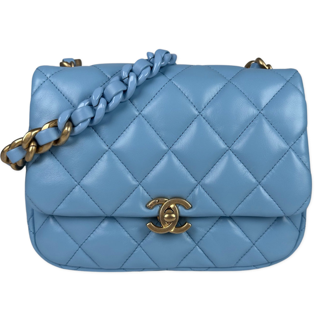 Chanel Lambskin Quilted Lacquered Chain Flap Bag Blue – Sacdelux