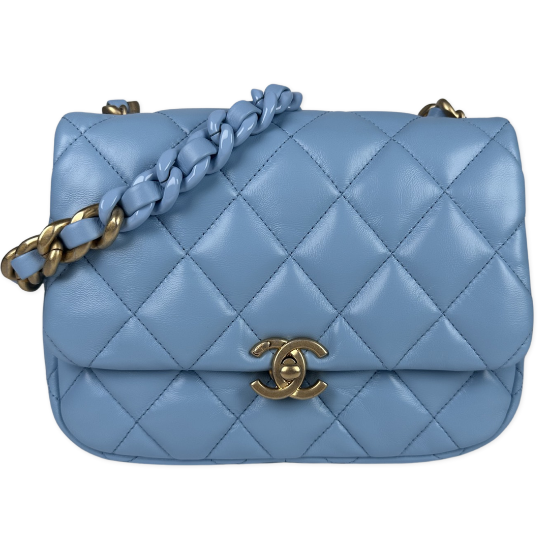 Chanel Lambskin Quilted Lacquered Chain Flap Bag Blue Sacdelux