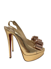 Load image into Gallery viewer, Christian Louboutin Heels Gold snakeskin with Bow Size 36