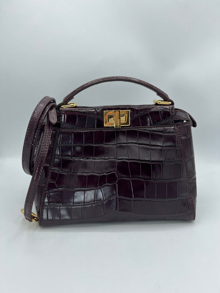 Fendi Mini Peekaboo Crocodile Dark Purple/Burgundy