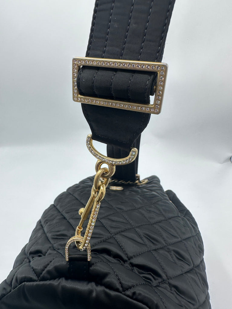 Chanel Nylon Quilted Bucket Shoulder/ Crossbody Sling Bag With Crystal Accents Black