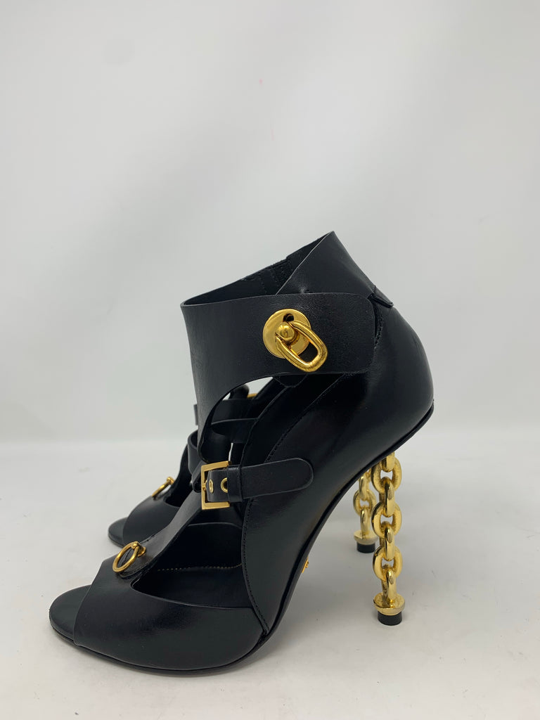 Tom Ford Black Buckled Chain Heel Cutout Sandal 37