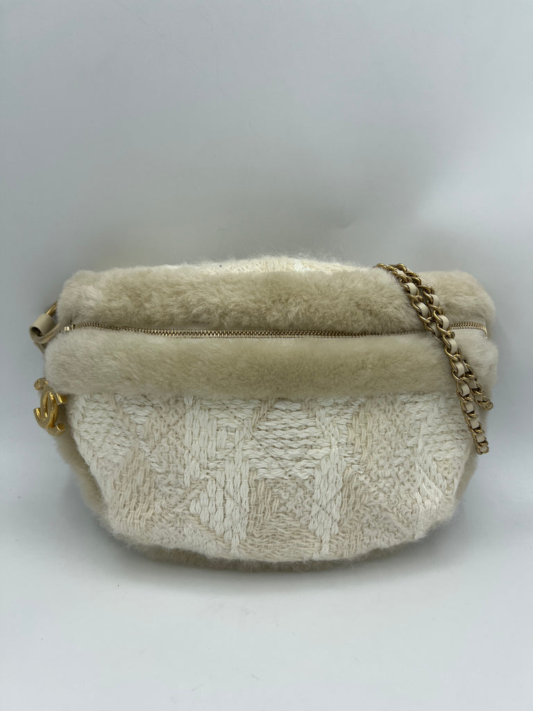 Chanel Tweed and Shearling Belt bag/ Fanny Pack Cream/White