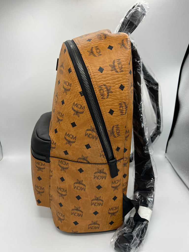 MCM Stark Backpack in Visetos Cognac & Black Nappa Leather 33 cm