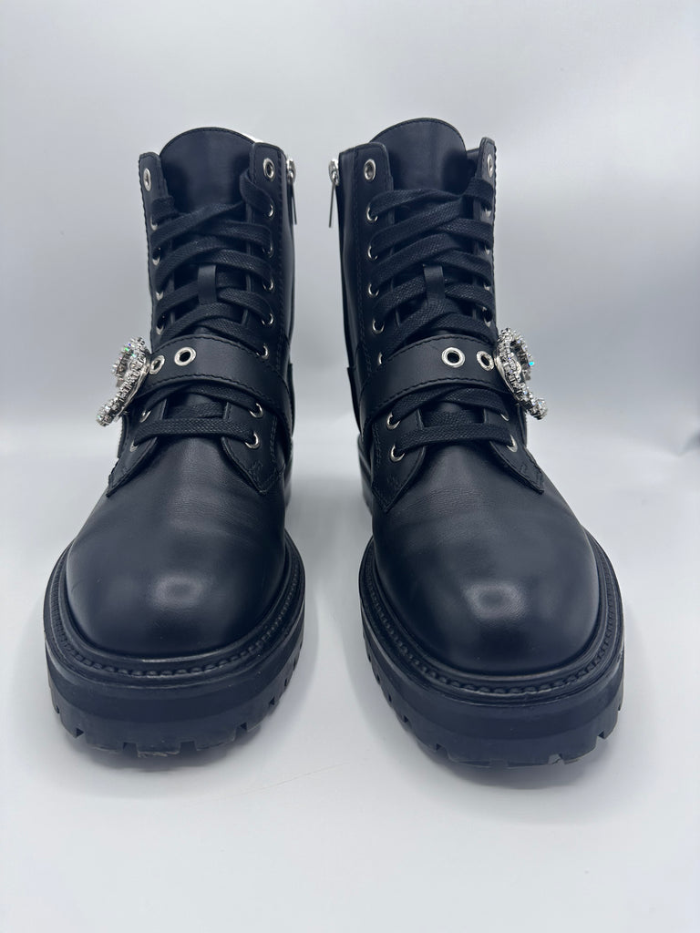 Jimmy Choo Cora Flat Ankle Boots Black Crystal Accents 38.5EU