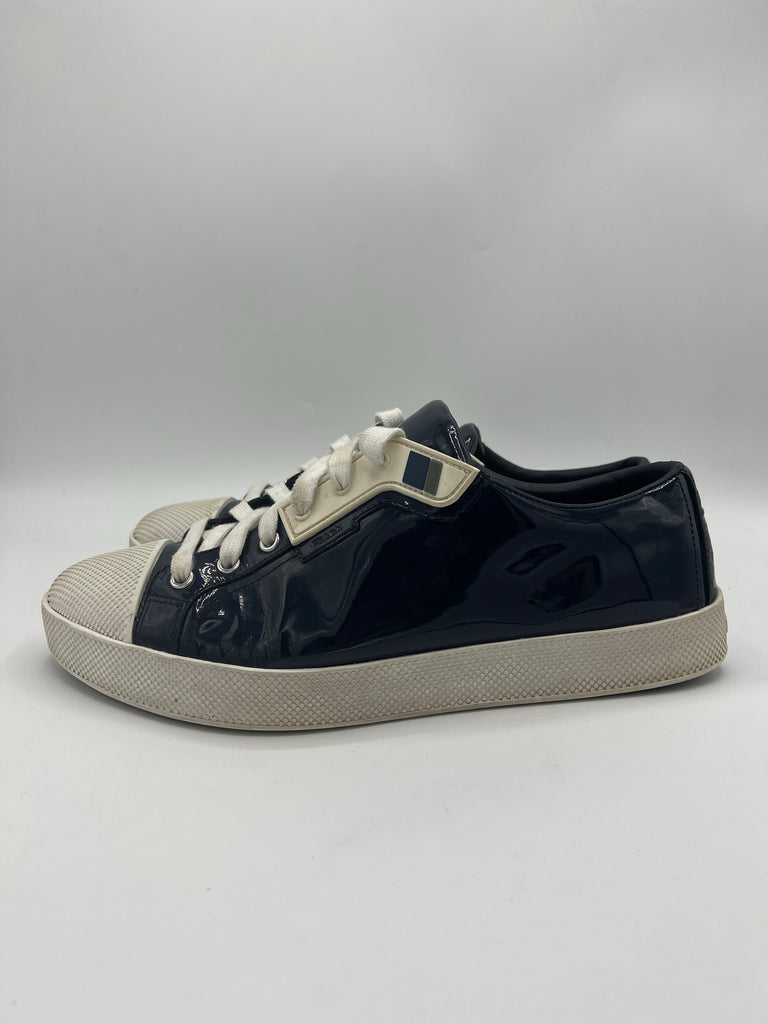 Prada Navy Patent Logo White Toe Cap Sneakers Size 40 EU