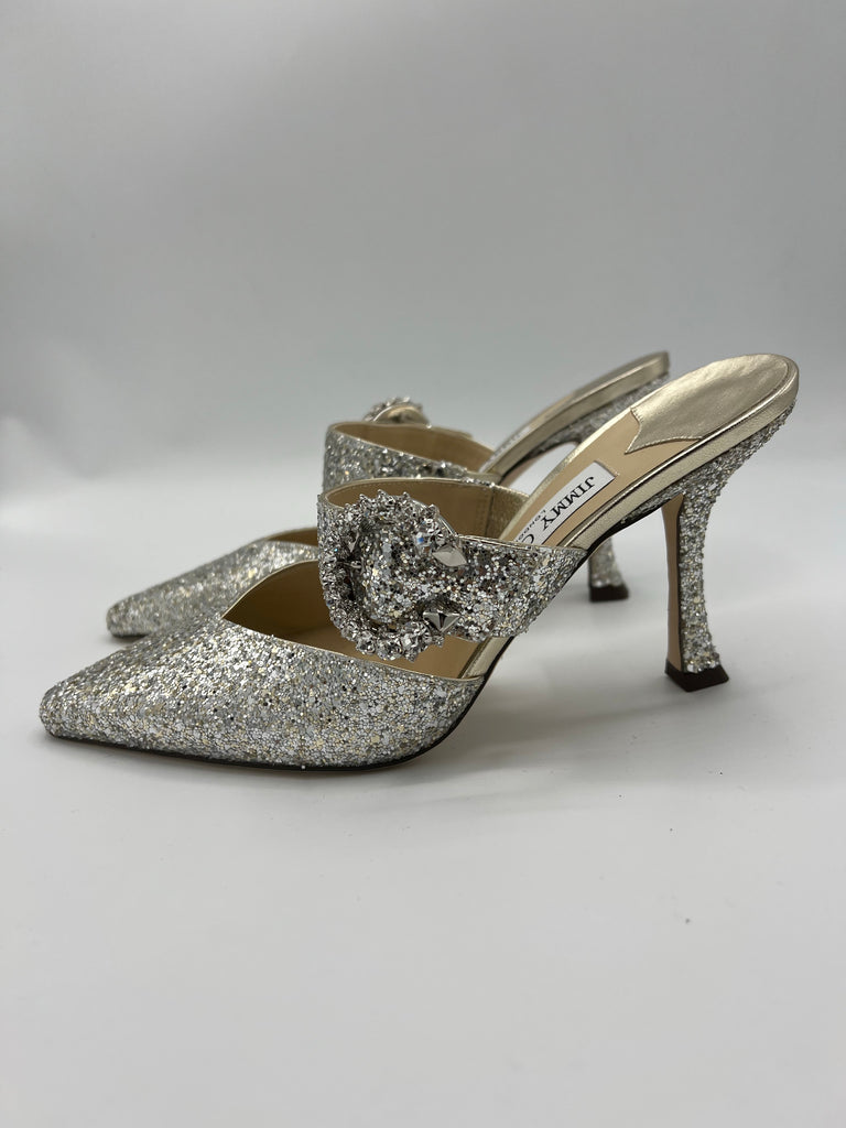 Christian Louboutin Gold Crystal Embellished Suede Rhinestone Peep Toe  Pumps Size 38