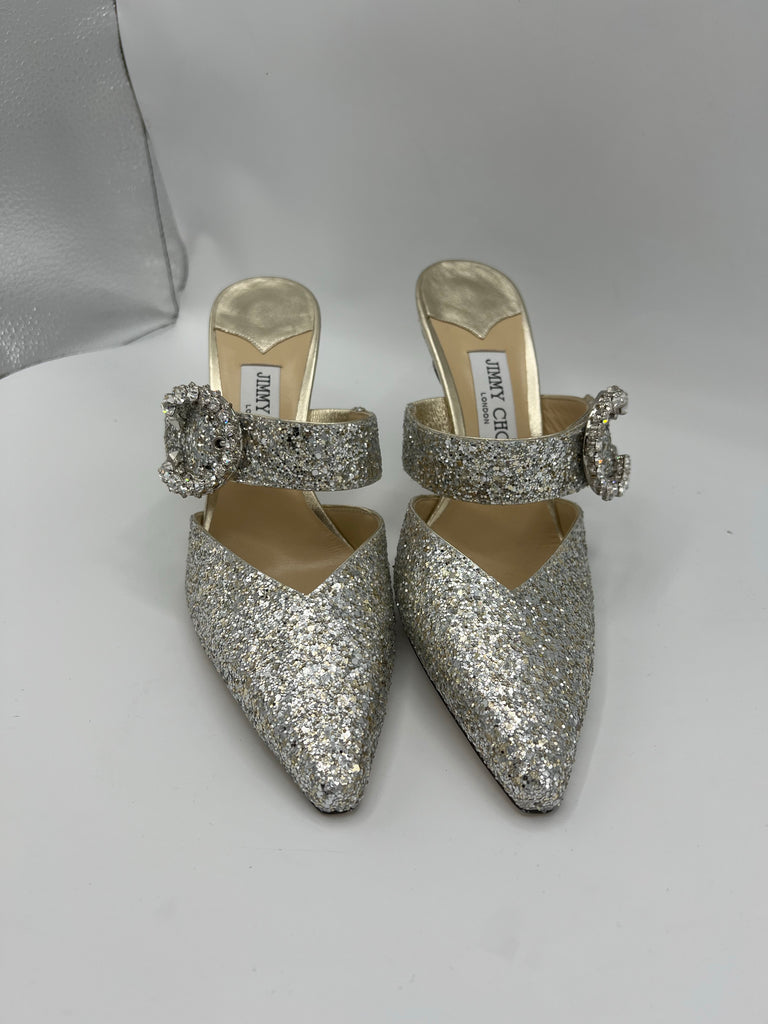 Jimmy Choo Marta 90 Silver glitter mules size 38