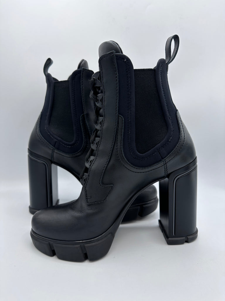 Prada Calfskin Neoprene Heeled Boots Size 36EU Black