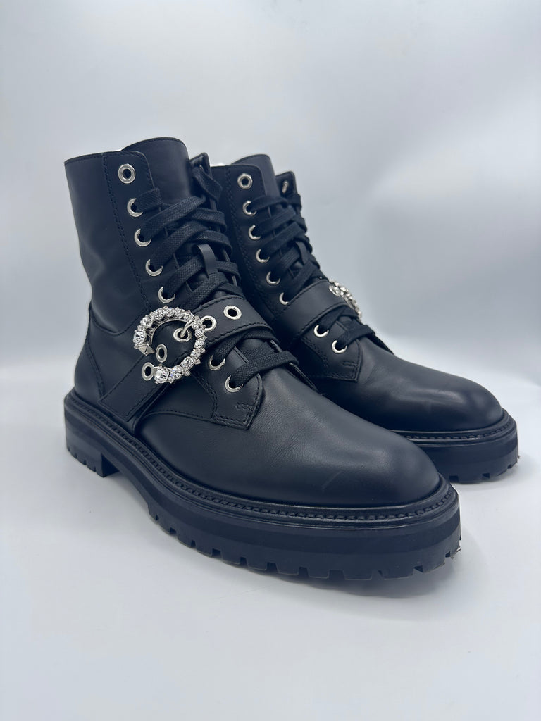 Jimmy Choo Cora Flat Ankle Boots Black Crystal Accents 38.5EU