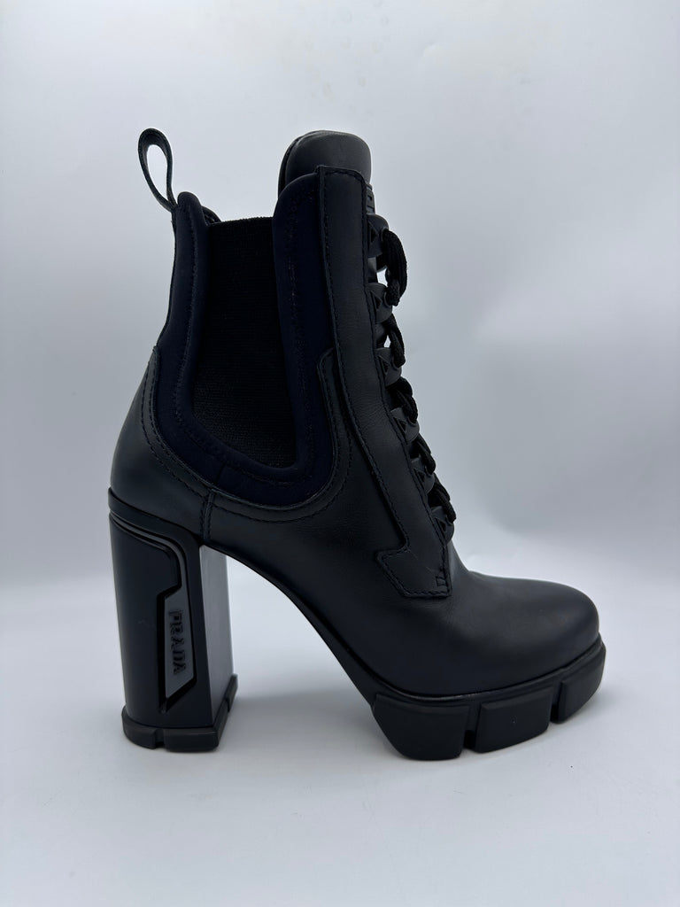 Prada Calfskin Neoprene Heeled Boots Size 36EU Black