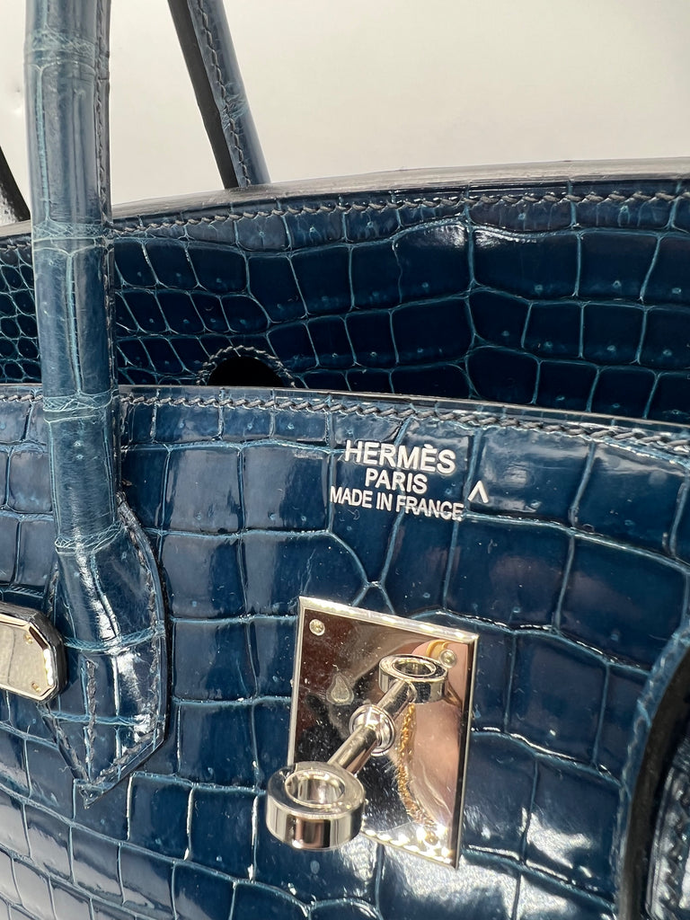 Hermes Shiny Porosus Crocodile Birkin 35 Bleu Roi PHW