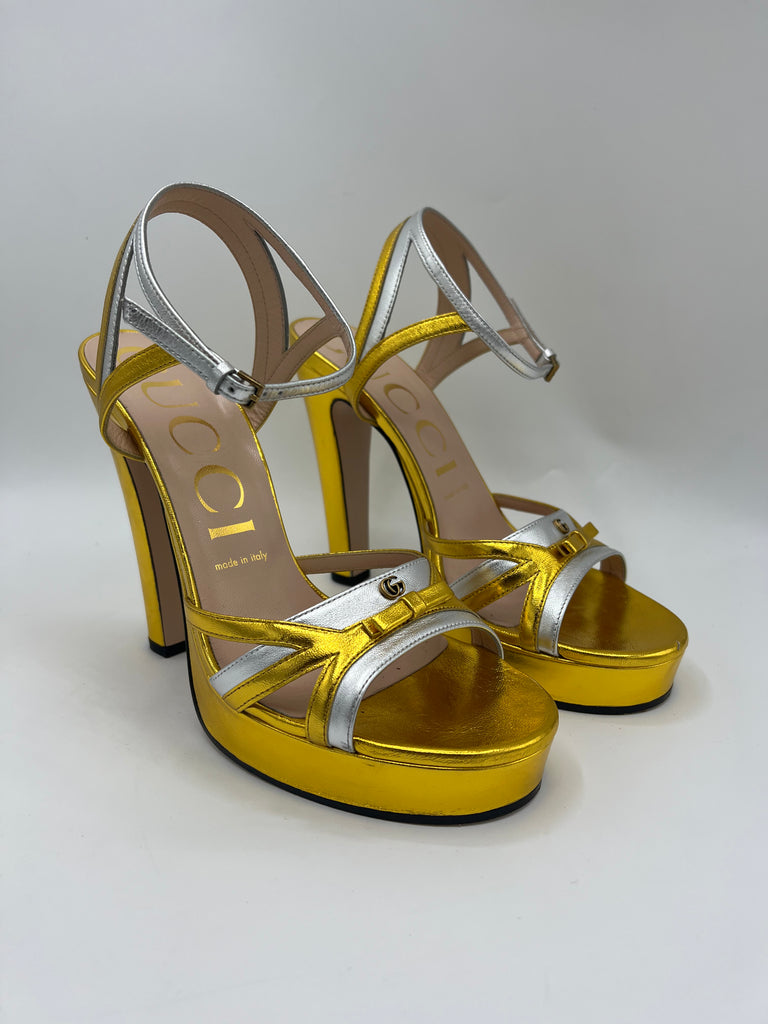 Gucci Alison 105mm Metallic leather Silver/Gold Sandal size 39EU