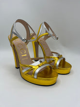 Load image into Gallery viewer, Gucci Alison 105mm Metallic leather Silver/Gold Sandal size 39EU