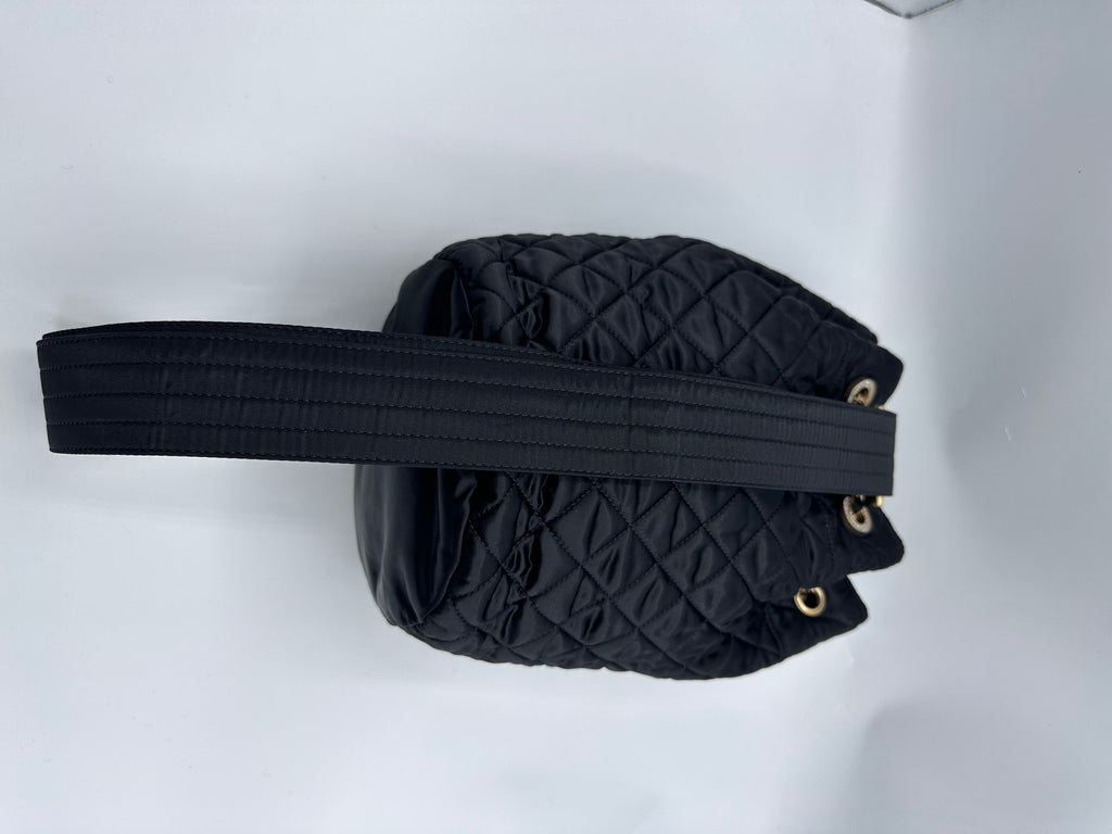 Chanel Nylon Quilted Bucket Shoulder/ Crossbody Sling Bag With Crystal Accents Black