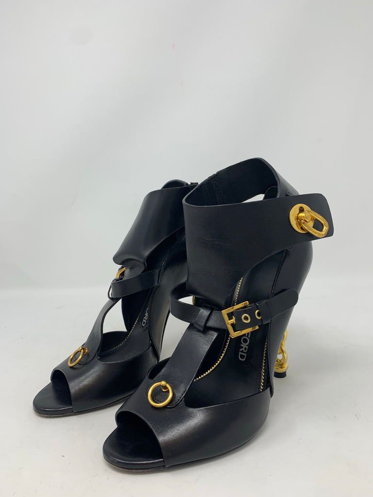 Tom Ford Black Buckled Chain Heel Cutout Sandal 37