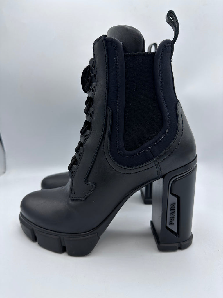 Prada Calfskin Neoprene Heeled Boots Size 36EU Black