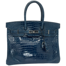 Load image into Gallery viewer, Hermes Shiny Porosus Crocodile Birkin 35 Bleu Roi PHW