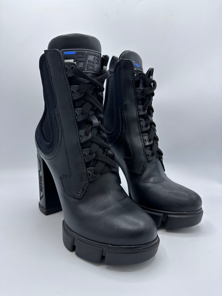 Prada Calfskin Neoprene Heeled Boots Size 36EU Black