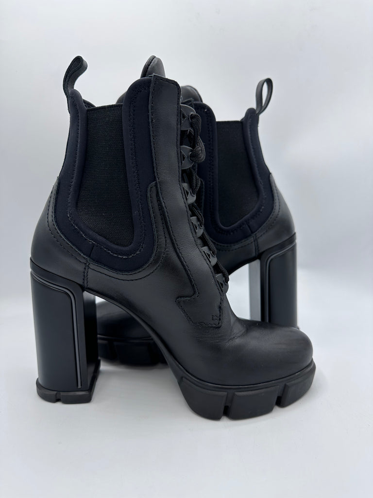 Prada Calfskin Neoprene Heeled Boots Size 36EU Black