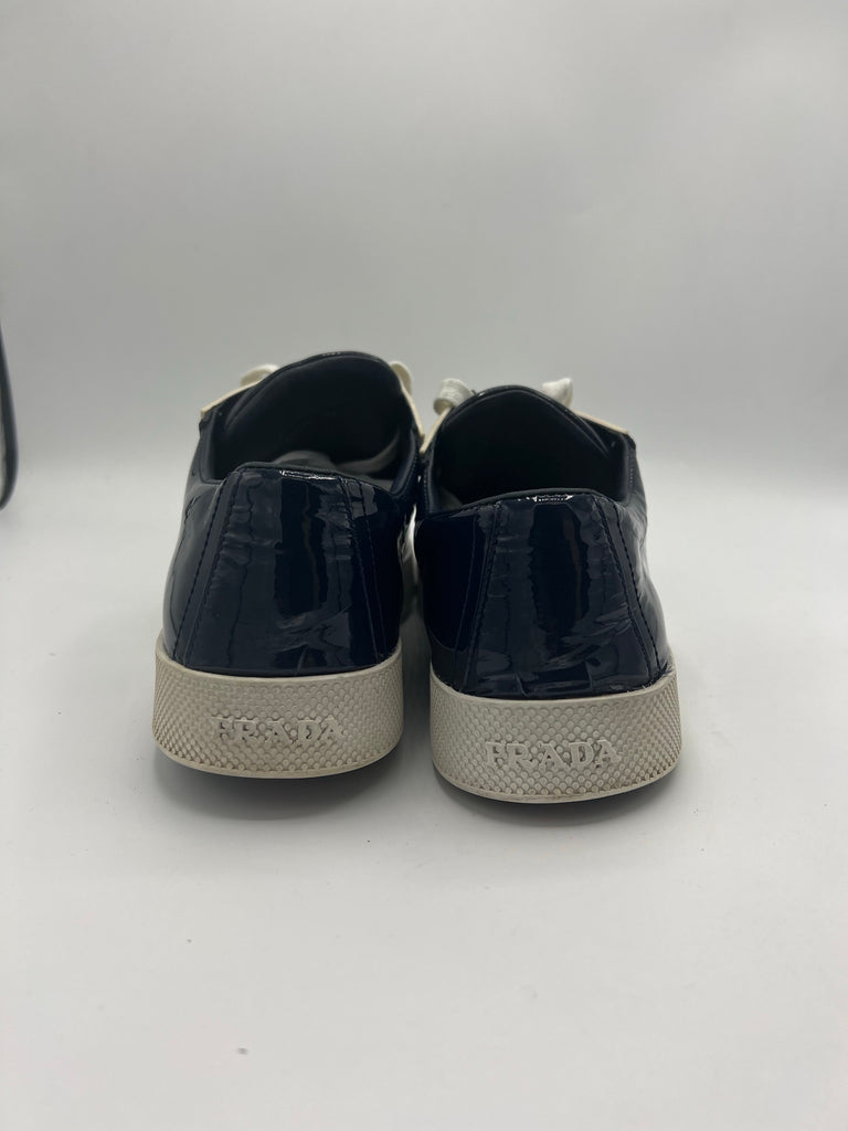 Prada Navy Patent Logo White Toe Cap Sneakers Size 40 EU