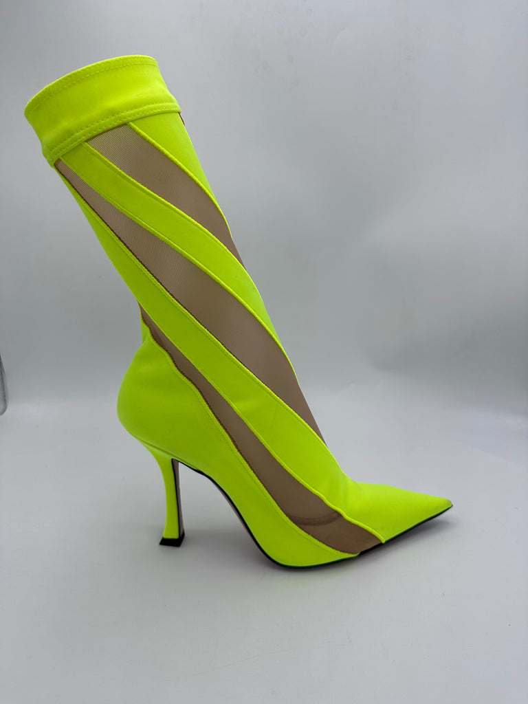 Jimmy Choo x Mugler Sock mesh paneled Ankle Boots Neon Yellow/ Nude Size 37EU