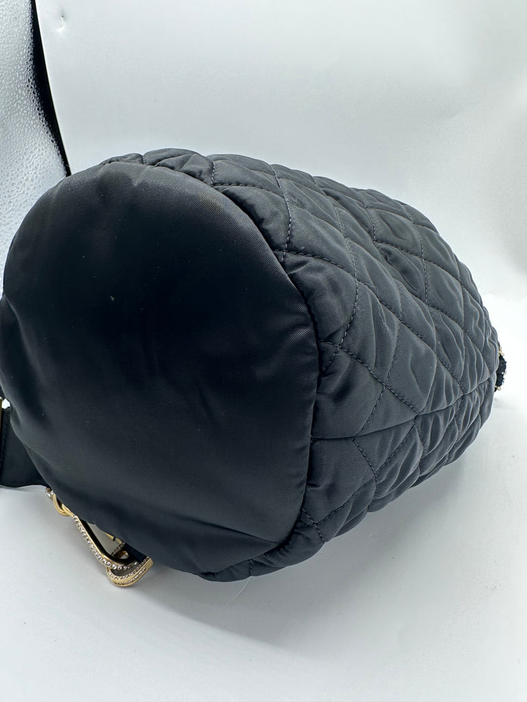 Chanel Nylon Quilted Bucket Shoulder/ Crossbody Sling Bag With Crystal Accents Black