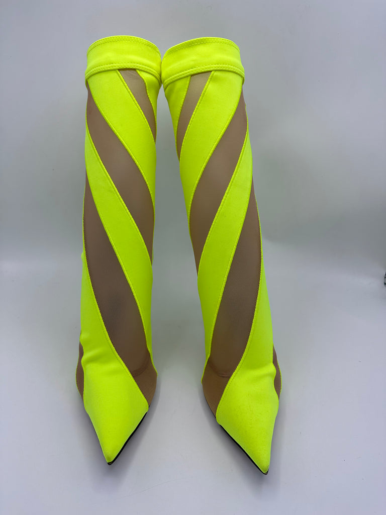 Jimmy Choo x Mugler Sock mesh paneled Ankle Boots Neon Yellow/ Nude Size 37EU