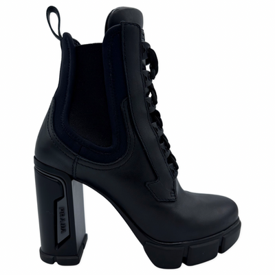 Prada Calfskin Neoprene Heeled Boots Size 36EU Black