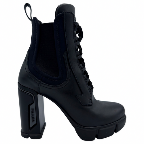 Prada Calfskin Neoprene Heeled Boots Size 36EU Black