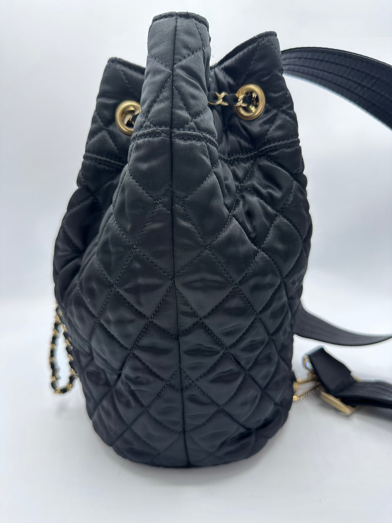 Chanel Nylon Quilted Bucket Shoulder/ Crossbody Sling Bag With Crystal Accents Black