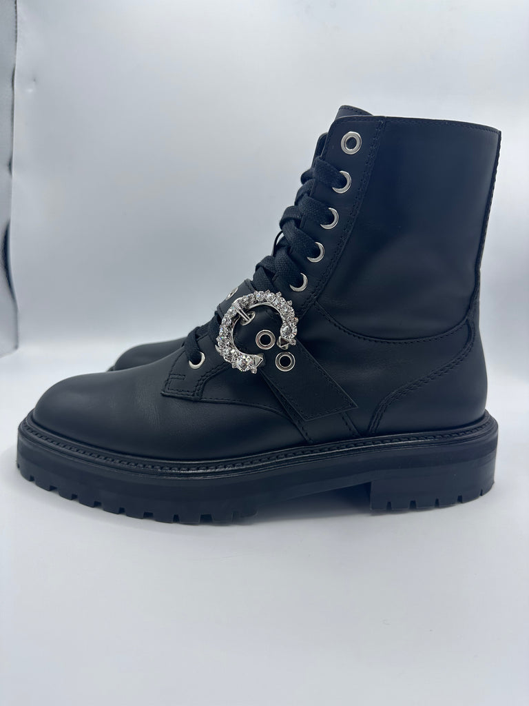 Jimmy Choo Cora Flat Ankle Boots Black Crystal Accents 38.5EU