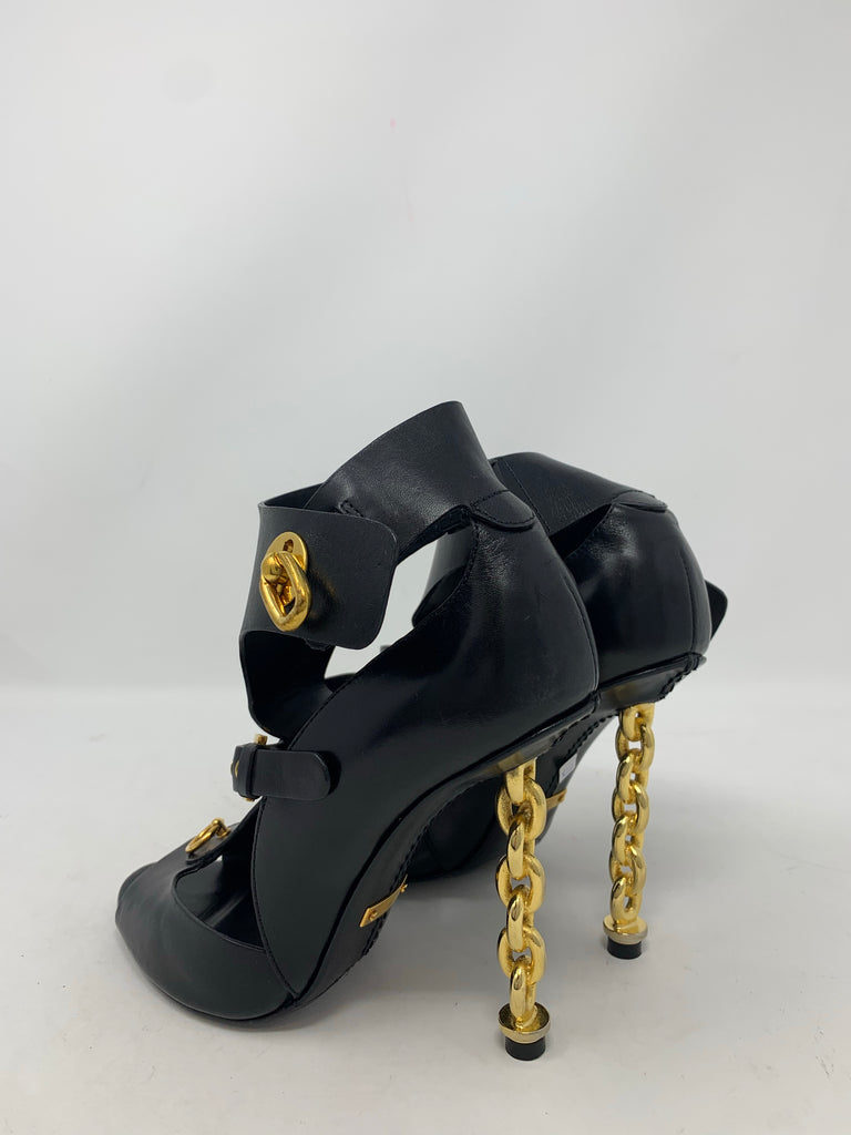 Tom Ford Black Buckled Chain Heel Cutout Sandal 37