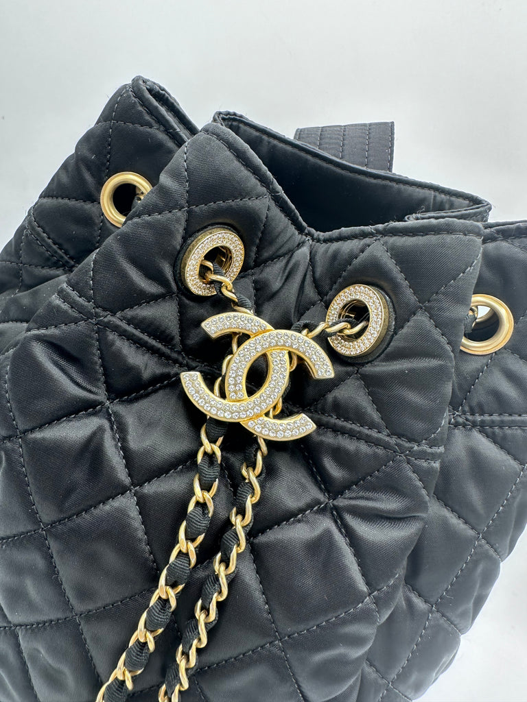 Chanel Nylon Quilted Bucket Shoulder/ Crossbody Sling Bag With Crystal Accents Black
