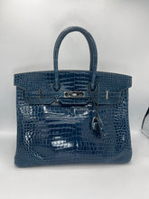 Load image into Gallery viewer, Hermes Shiny Porosus Crocodile Birkin 35 Bleu Roi PHW
