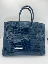 Load image into Gallery viewer, Hermes Shiny Porosus Crocodile Birkin 35 Bleu Roi PHW