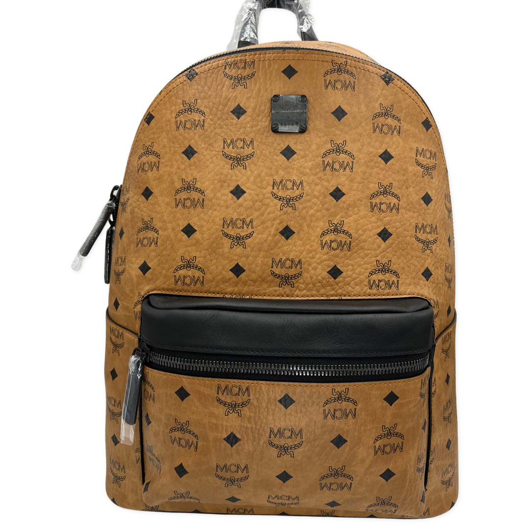 cognac yellow leather backpack MCM Stark Backpack in Visetos Cognac & Black Nappa Leather 33 cm/13 in – Sacdelux