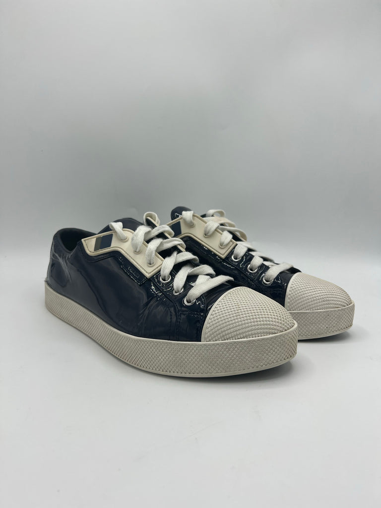 Prada Navy Patent Logo White Toe Cap Sneakers Size 40 EU